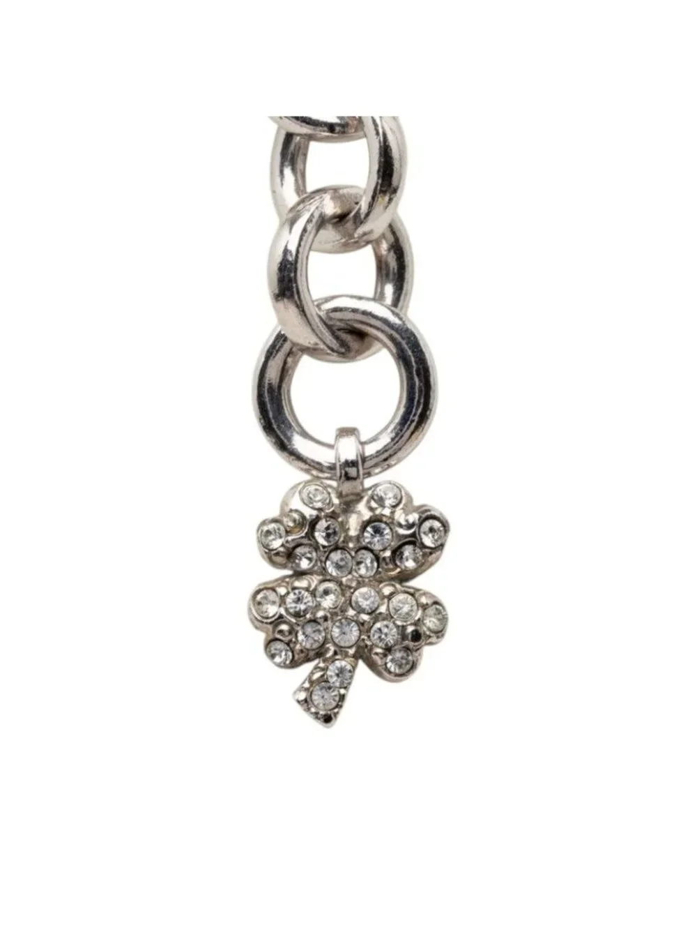 Chanel Clover Motif Chain Necklace Silver Metal Rhinestone